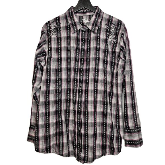 ROCK 47 BY WRANGLER Pink/Black/Grey Plaid Embroidered Western Shirt Size XXL - Picture 3 of 10